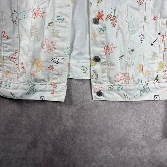 Levis Trucker Doodle Print Trucker Jacket Womens S White Floral Graphic Denim - Picture 3 of 10